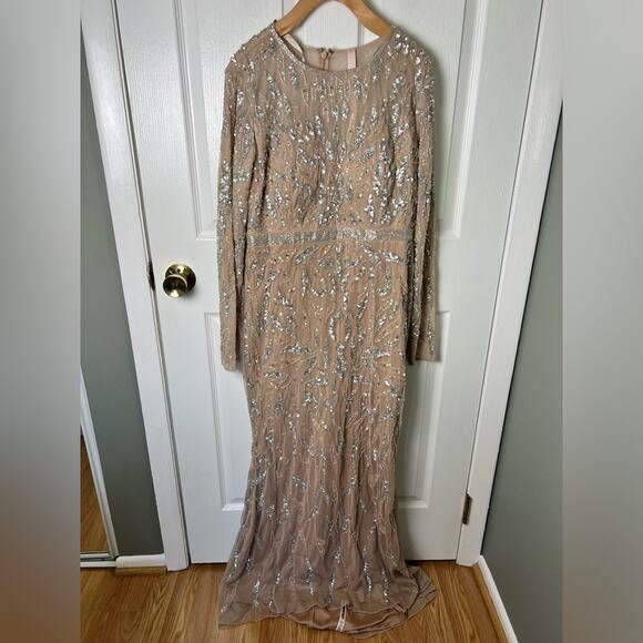 Mac Duggal Cream Silver Beaded Illusion Yoke Long Sleeve Evening #5124 Gown 10 - Picture 2 of 10